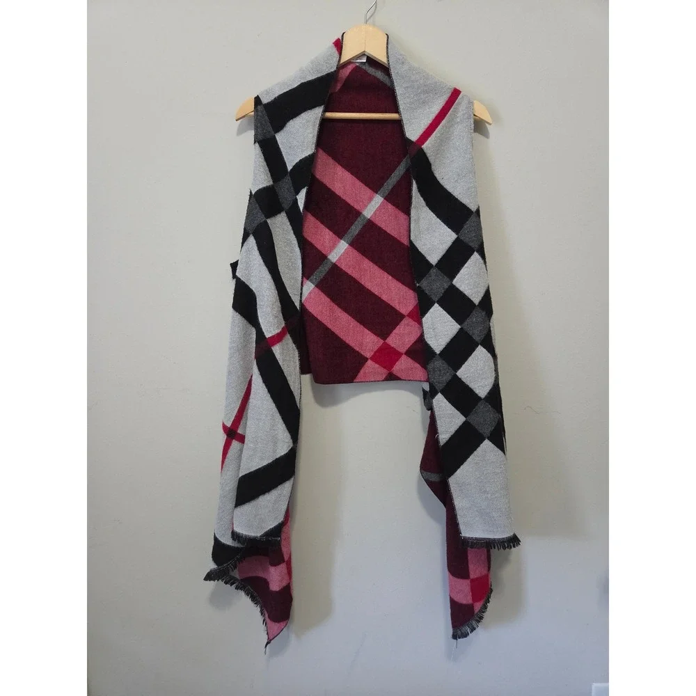 Tres Luxe Womens Plaid Open Front Sleeveless Vest Wrap Grey Red One Size